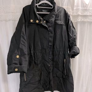 Jones NY Super Cute Rain Coat Jacket w/ Hood Black Waterproof Tons of Detail 2XL